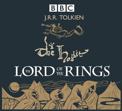 Book cover for THE LORD OF THE RINGS AND THE HOBBIT: title in white on black above gold woodcut of people in cloaks