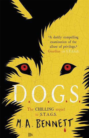 Book cover for D.O.G.S.: Yellow cracked surface with black fur-like blocks around red eyes