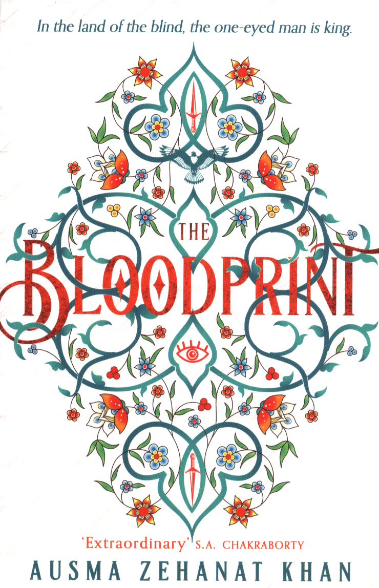 Book cover for THE BLOODPRINT: title in red on white with blue geometric design entwined with flowers