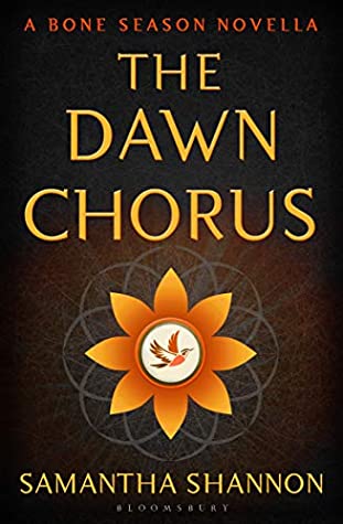 Book cover for THE DAWN CHORUS; title in yellow above an orange flower on brown