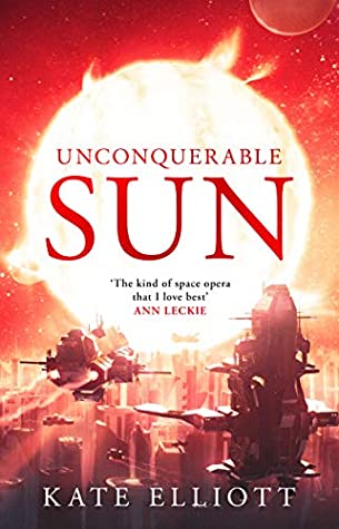 Book cover for UNCONQUERABLE SUN: title in red on a burning sun above a ship-filled city scape