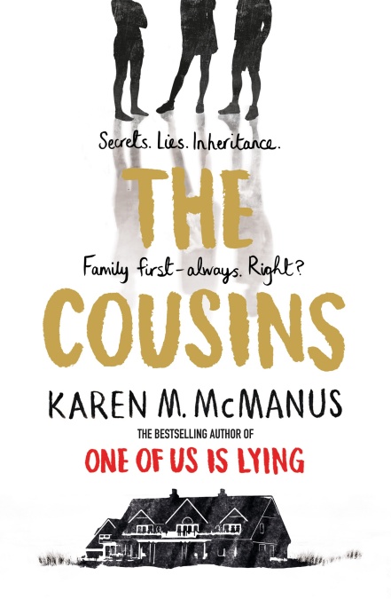 Book cover for THE COUSINS: title in gold on white with image of a house below and legs above