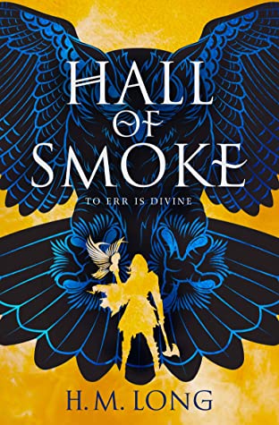Book cover for HALL OF SMOKE: title in white on a blue owl on yellow
