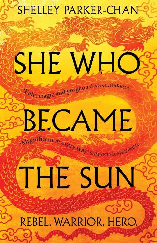 Book cover for SHE WHO BECAME THE SUN: title in black on yellow with an orange dragon curled around it