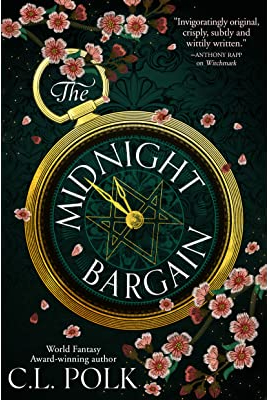 Book cover for THE MIDNIGHT BARGAIN: title in a gold pocket watch on green scattered with pink blossoms