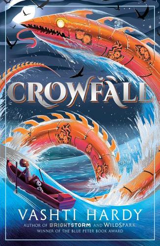 Book cover for CROWFALL: title in silver as an orange mechanical serpent rises from waves above a boy in a boat