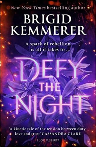 Book cover for DEFY THE NIGHT: title in pink on purple flowers