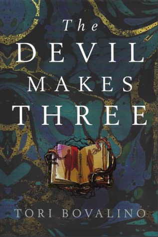 Book cover for THE DEVIL MAKES THREE: title in white above book on marbled blue and gold