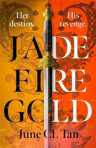 Book cover for JADE FIRE GOLD: title in black and while on a half yellow half orange cover split in two by a knife