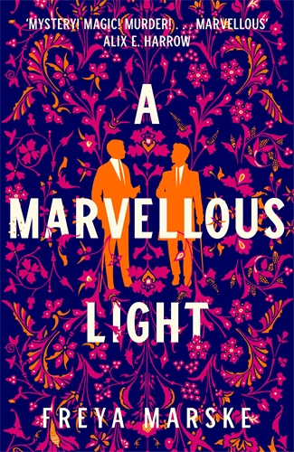 Book cover for A MARVELLOUS LIGHT: title in white on blue background with figures in orange and pink flowers behind