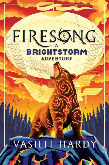 Book cover for FIRESONG: title in black on a skyship balloon on orange skies and a fire bear on dark rocks