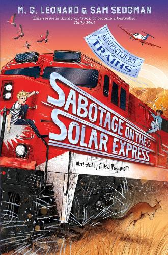 Book cover for SABOTAGE ON THE SOLAR EXPRESS: title in silver on a red train barrelling through an orangey desert