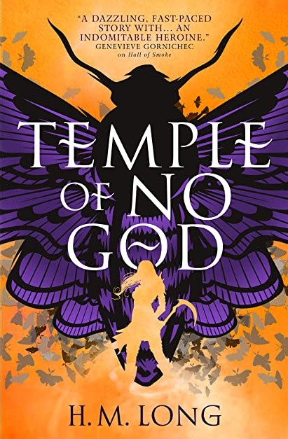 Book cover for TEMPLE OF NO GOOD: title in white on a purple both with an orange background