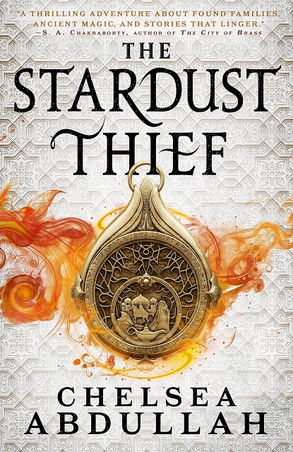 Book cover for THE STARDUST THIEF: title in black on textured white with fire-surrounded gold medalion