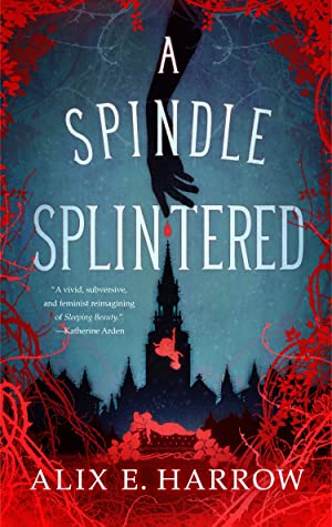 Book cover for A SPINDLE SPLINTERED: title in white on blue with red thorns for a border and a black finger pricking a needle