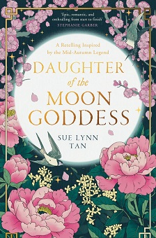 Book cover for DAUGHTER OF THE MOON GODDESS: title in gold on moon surrounded by pink flowers and greenery