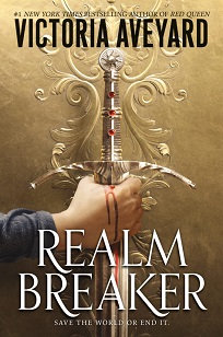 Book cover for REALM BREAKER: hand bleeding holding sword on gold above white title