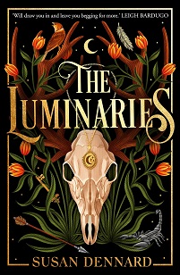 Book cover for THE LUMINARIES: title in gold on graphic of a skull with plants on black