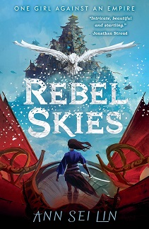 Book cover for REBEL SKIES: title in white on blue with girl on red ship flying towards a grey city