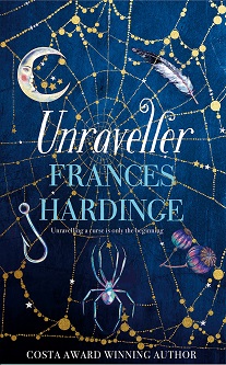 Book cover for UNRAVELLER: title in white on blue with gold spider's web with a spider, a moon, a feather, a hook and some seeds caught in it