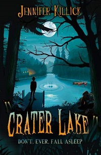 Book cover for CRATER LAKE: title in orange below graphic of a lake surrounded by woods
