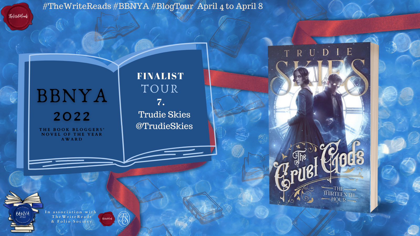 Blog tour graphic with information about the tour on blue next to image about the book