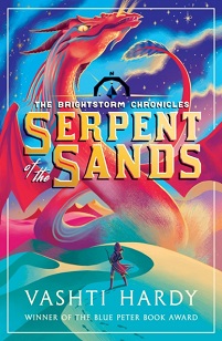 Book cover for SERPENT OF THE SANDS: title in gold on illustration of a multicoloured serpent in the sand above a girl