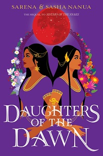 Book cover for DAUGTHERS OF THE DAWN: title in white on purple graphic of two girls with arms locked looking away with an arc of flowers and a red jewel above them