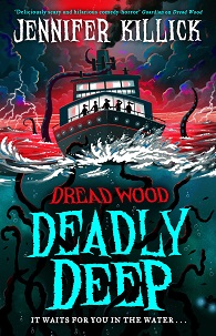 Book cover for DEADLY DEEP: title in blue below a boat on red beset by tentacles