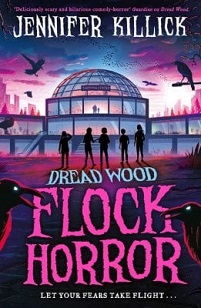 Book cover for FLOCK HORROR: title in pink below illustration of five kids facing a shopping centre surrounded by birds