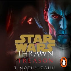 Book cover for THRAWN ALLIANCES: title in red, white, and agold on image of blue skinned man and a man hidden by a dark cloak