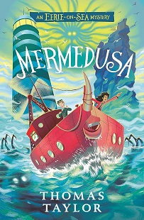 Book cover for MERMEDUSA: title in white on illustration of two kids on a red boat on turquoise water