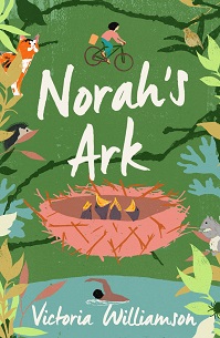 Book cover for NORAH'S ARK: title in white on green with graphic of a birds' nest, leaves, and animals
