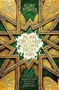 Book cover for IN AN ORCHARD GROWN FROM ASH: title in gold in white in middle of green and gold geometric design