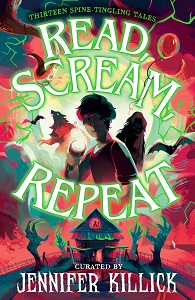 Book cover for READ SCREAM REPEAT: title in neon green around red illustration of a boy with a flashlight above a house monsters