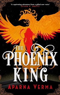 Book cover for THE PHOENIX KING: title in white on balck with red and orange silhouettes of a woman and a phoenix