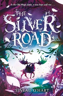 Book cover for THE SILVER ROAD: title in white with leaves growing from it above a giant horned elk in a colourful forest