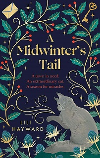 Book cover for A MIDWINTER'S TAIL: title in yellow on navy surrounded by holly and a grey cat