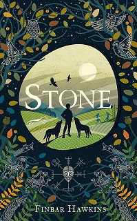 Book cover for STONE: title in white on graphic of a boy and wolves in a circle cut out from dark blue with leaves around