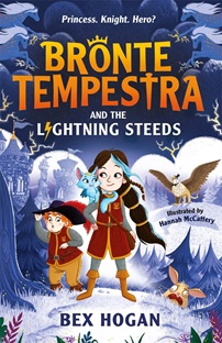 Book cover for BROTNE TEMPESTRA AND THE LIGHTNING STEEDS: title in orange and white on illustration of two children in red in a wintry land