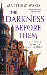 Book cover for THE DARKNESS BEFORE THEM: title in purple on white next to graphic of city