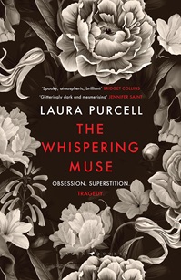 Book cover for THE WHISPERING MUSE: title in red on black surrounded by a border of black and white ink drawings fo flowers