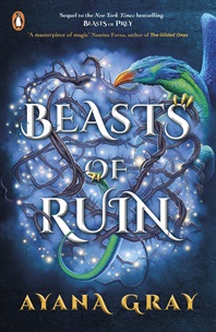 Book cover for BEASTS OF RUIN: title in white on thorns on pale blue on navy with a parrot perched atop