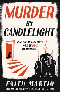 Book cover for MURDER BY CANDLELIGHT: title in red and black on white with melted black candle graphics and a cat atop red steps