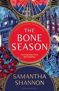 Book cover for THE BONE SEASON: title in white on red circle with blue illustration of gothic buildings and flowers around it