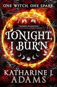Book cover for TONIGHT I BURN: title in white on black in burning circle with red flower around