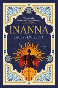 Book cover for INANNA: title in gold on blue in a geometric lattice border with a person rising with a sun behind them