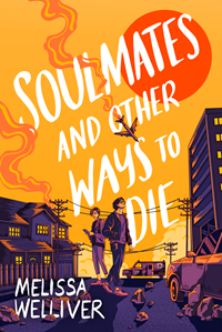 Book cover for SOULMATES AND OTHER WAYS TO DIE: title in white on yellow sky with a falling plane above a purple dystopian city with a boy and girl in the middle of it