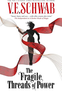 Book cover for THE FRAGILE THREADS OF POWER: title in black on while below silhouette of woman wrapped in red ribbons