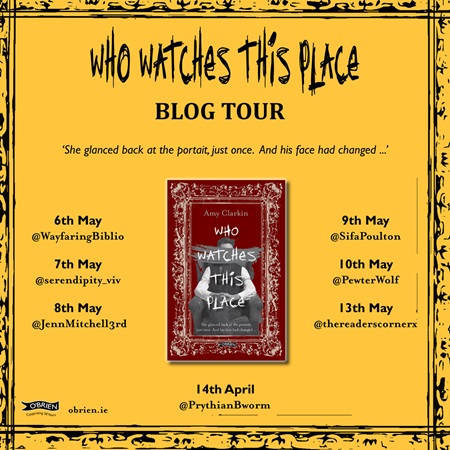Blog tour graphic with names of participating bloggers in black on yellow around image of book